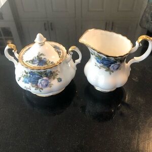 Royal Albert Moonlight Blue Bone China Sugar Bowl and Creamer Set with Gold Trim